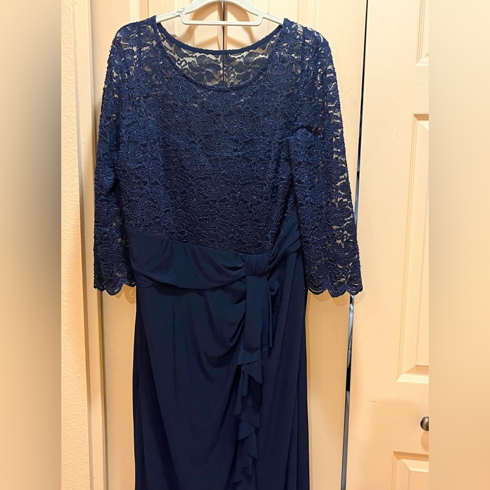 Marina evening formal dress. Cascade ruffle, lace sparkle bodice. Navy blue. 22 - Picture 3 of 16